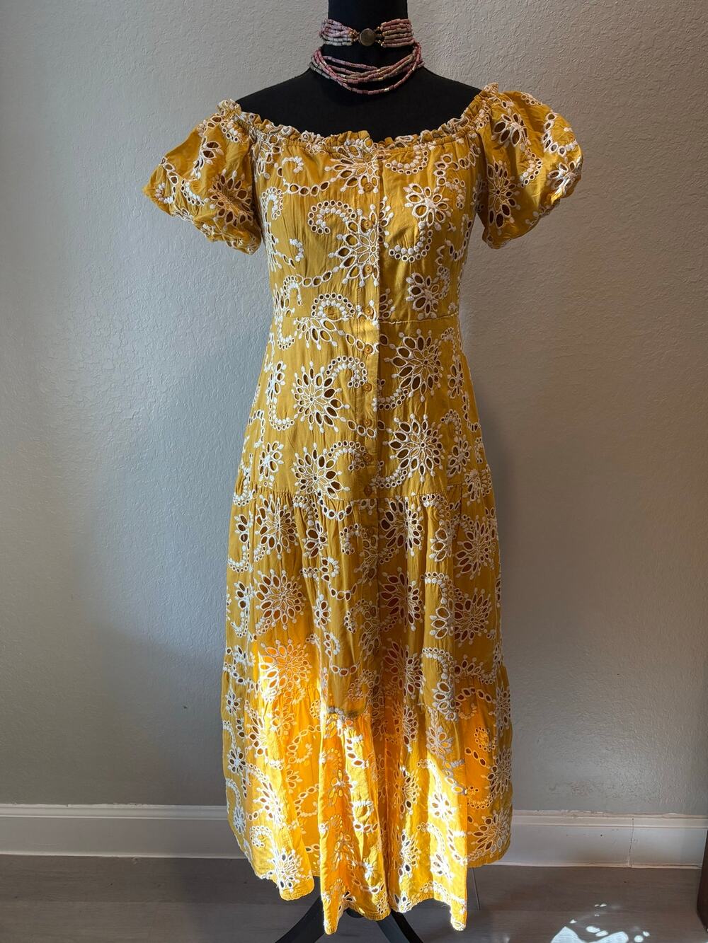 FLORET STUDIOS Floral Embroidery Eyelets Full Button-Down Midi Dress Mustard SzL